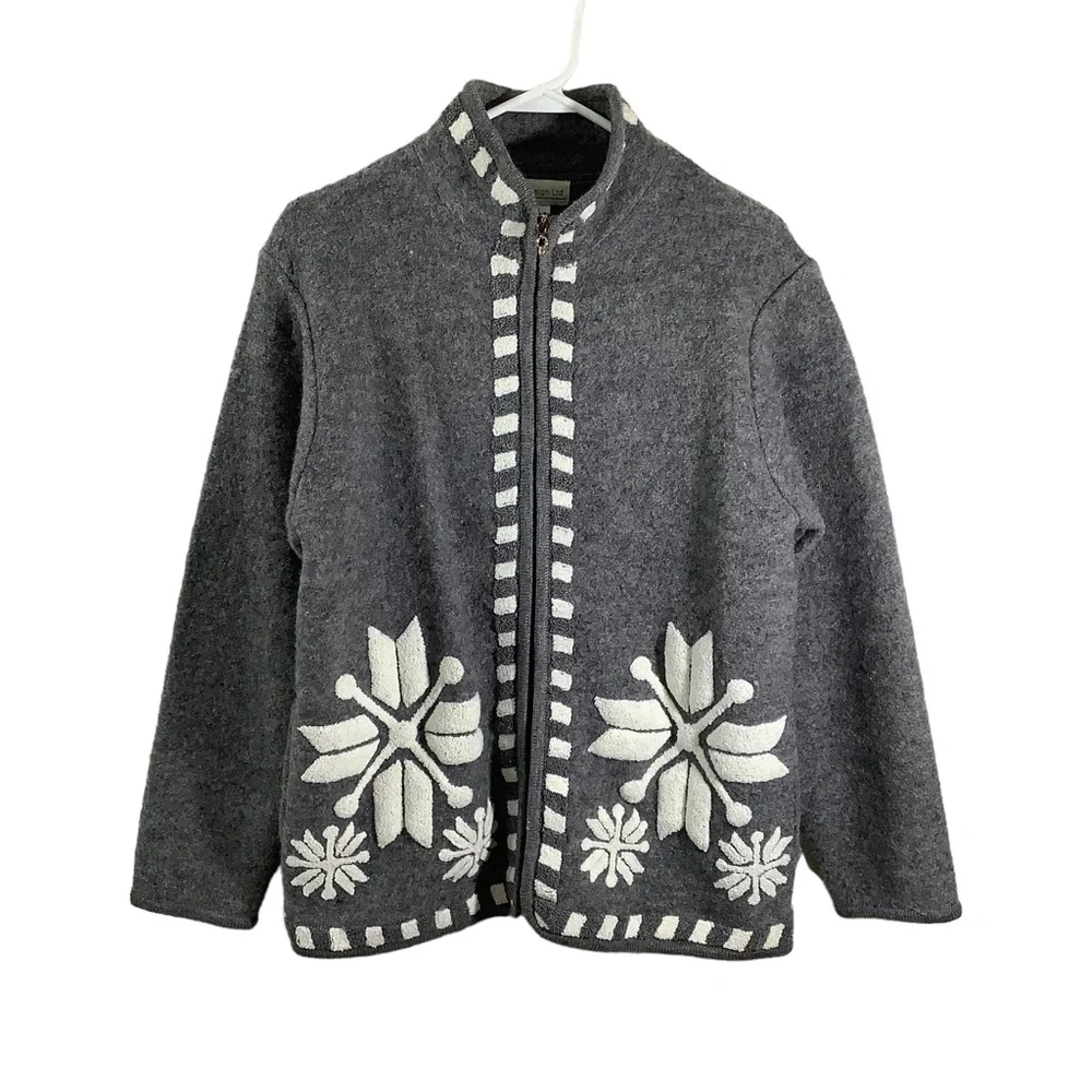Laura Leigh Ltd. Grey Boiled Wool Zip Up Sweater Snowflakes